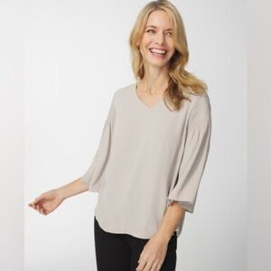 Chico’s Smocked Flutter-Sleeve Top, NWT, size 4, taupe